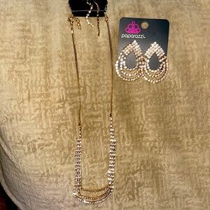 Paparazzi necklace, earrings plus  statement earrings, gold setting clear stones